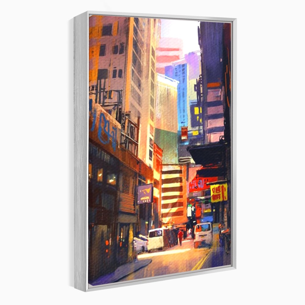Tablou canvas cu pictura digitala cu strazi inguste, in rama de aluminiu argintiu